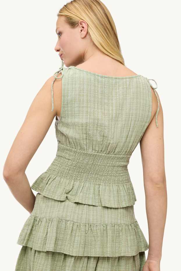 Dames - Blousetop - geruit - gesmokt - groen