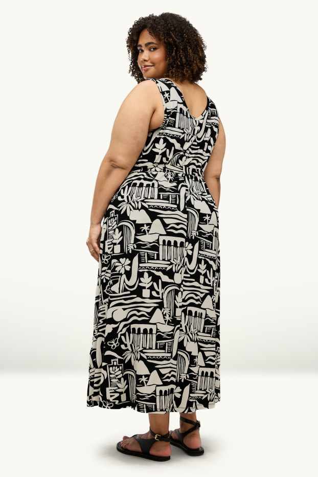Damen - A-Linien Kleid mit V-Ausschnitt - gemustert - schwarz / weiß