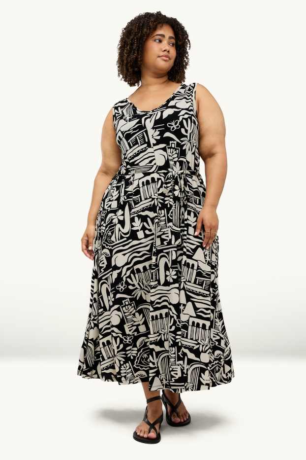 Damen - A-Linien Kleid mit V-Ausschnitt - gemustert - schwarz / weiß