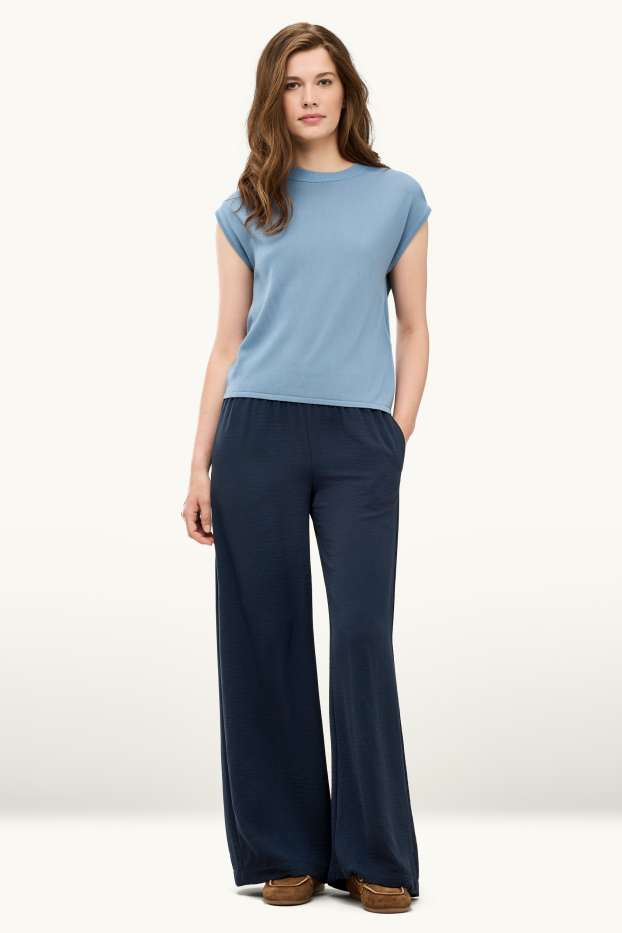 Dámské - Plátěné kalhoty - mid waist - palazzo - tmavomodrá