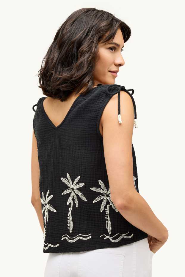 Donna - Blusa smanicata - tessuto tramato - nero