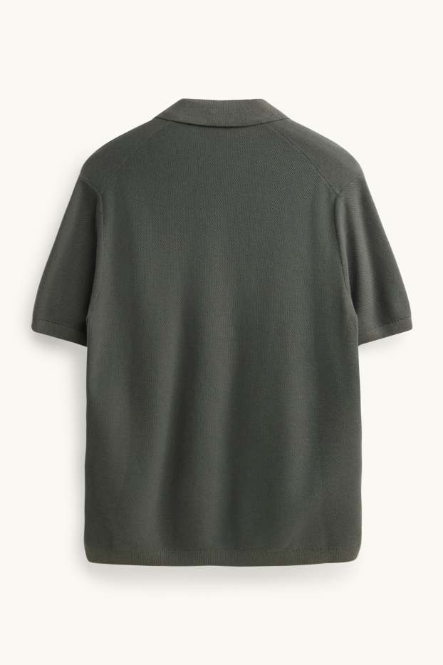 Heren - Gebreid poloshirt - regular fit - met structuur - donkergroen