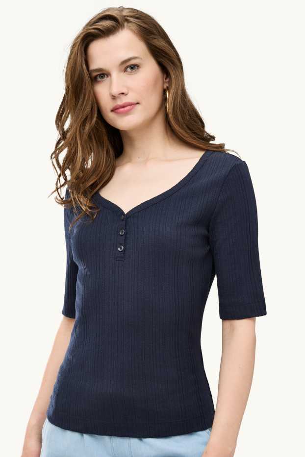 Femei - Tricou henley - regular fit - reiat - albastru închis