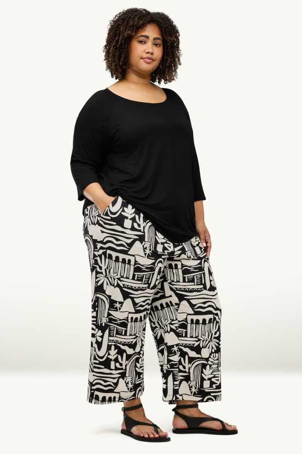 Damen - Stoffhose - Mid Waist - Wide Leg - gemustert - weiß / schwarz