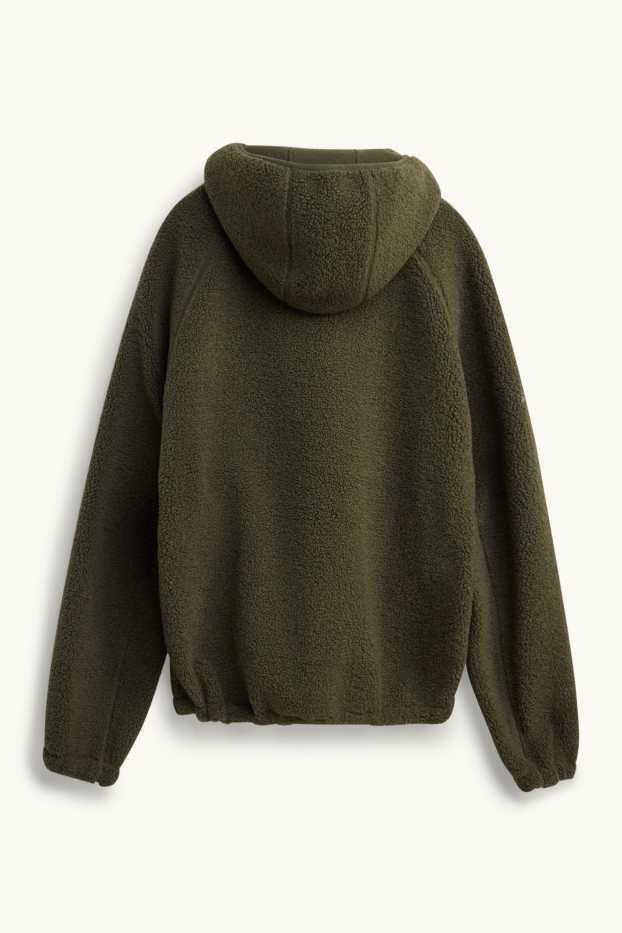 Men - Teddy fur jacket with hood - dark green