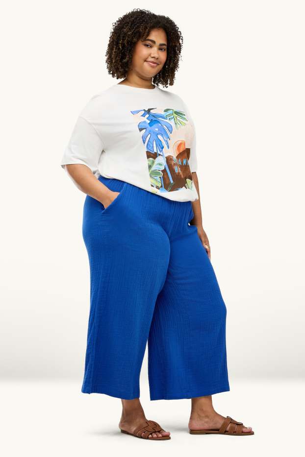 Femmes - Pantalon en toile - mid waist - wide leg - bleu