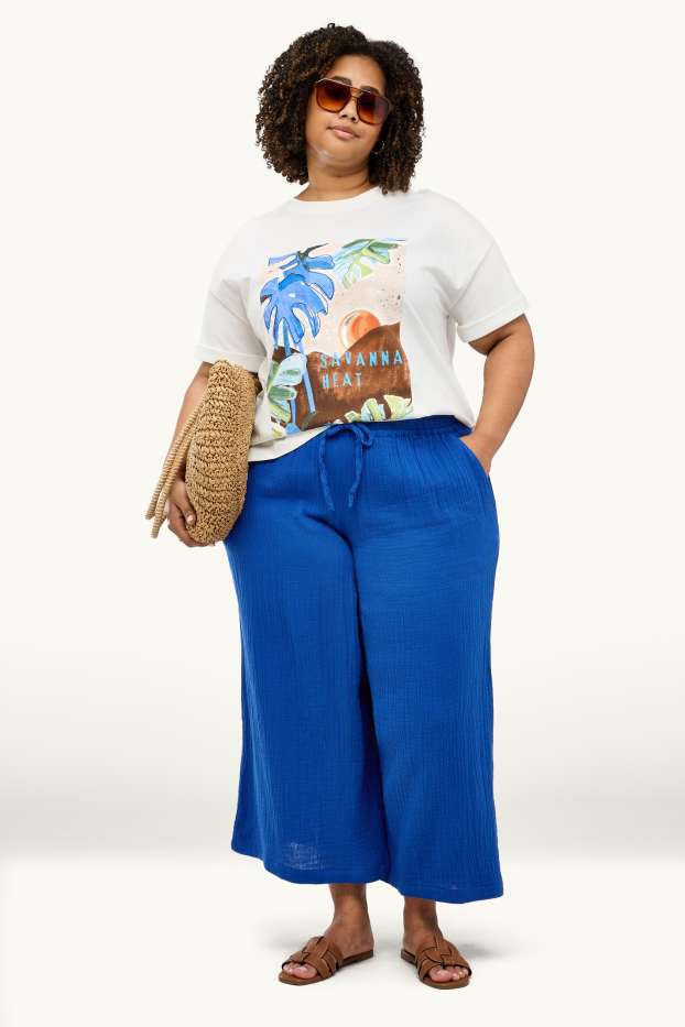 Femmes - Pantalon en toile - mid waist - wide leg - bleu