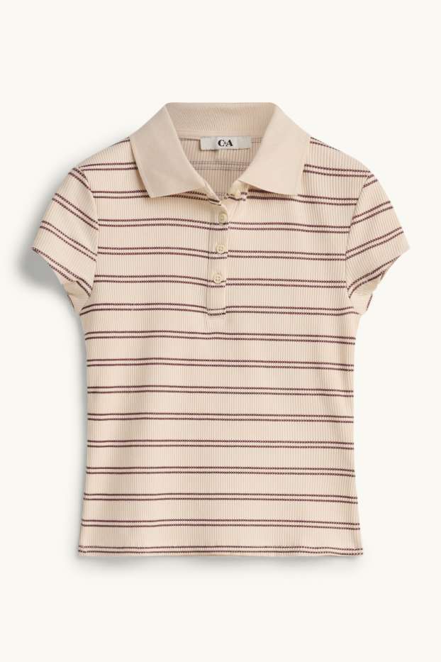 Damen - Strick-Poloshirt - Slim Fit - gerippt - gestreift - beige / bordeaux