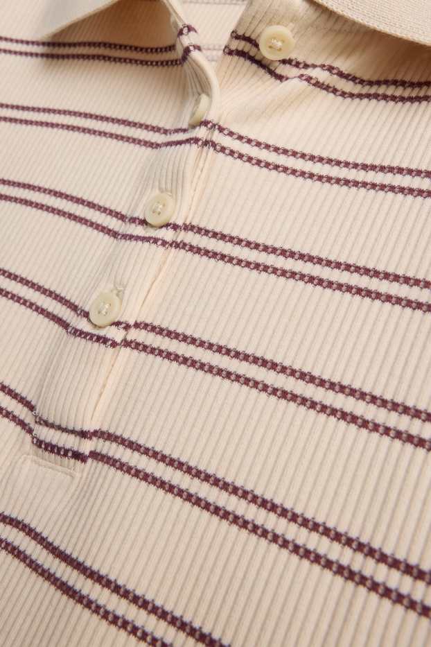 Damen - Strick-Poloshirt - Slim Fit - gerippt - gestreift - beige / bordeaux