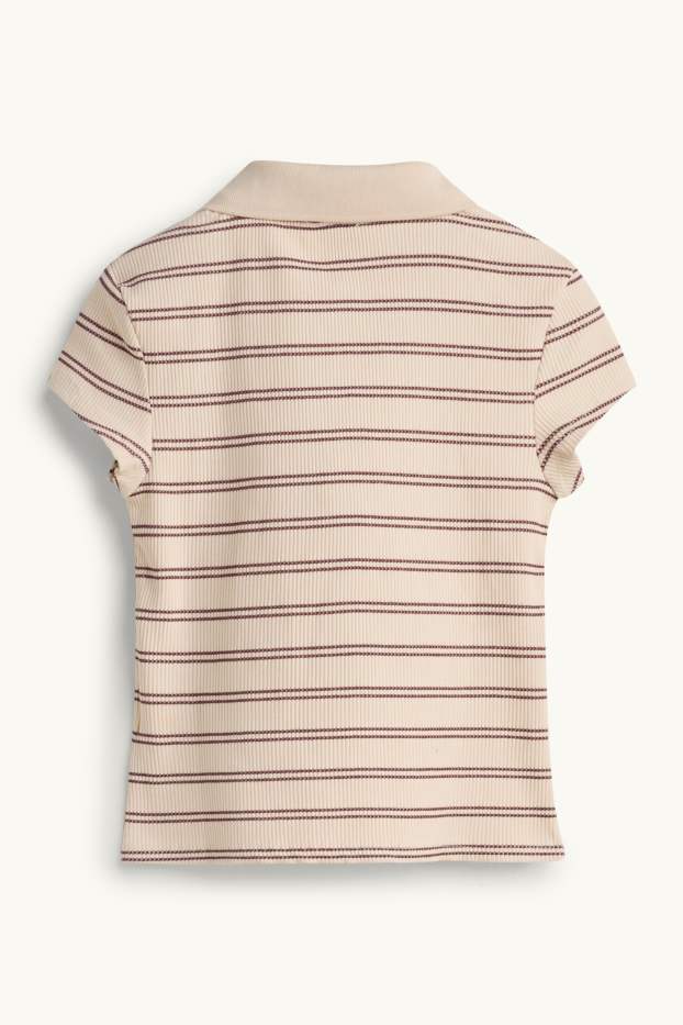 Damen - Strick-Poloshirt - Slim Fit - gerippt - gestreift - beige / bordeaux