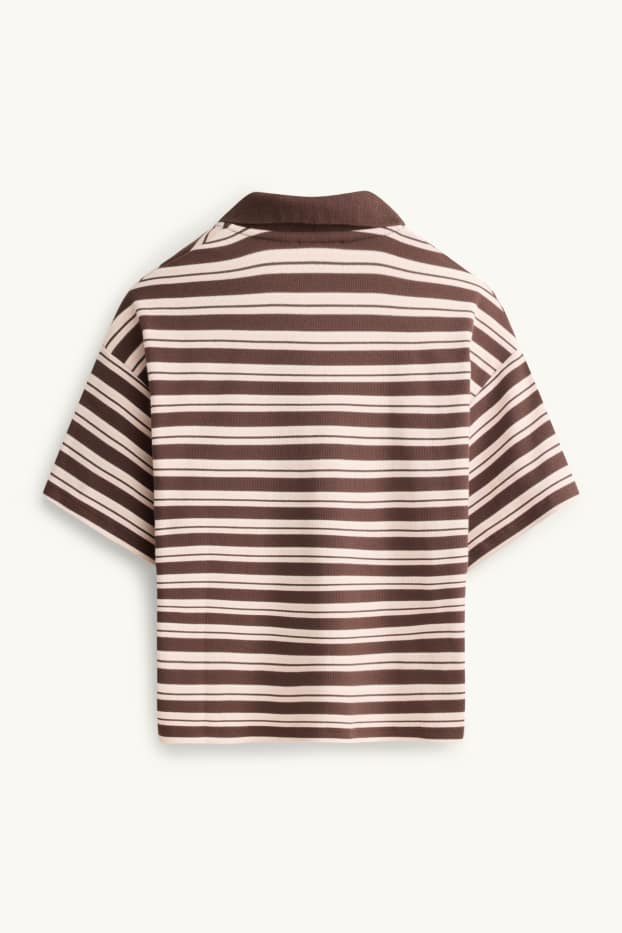 Damen - Poloshirt - Slim Fit - gestreift - gerippt - braun / cremeweiß