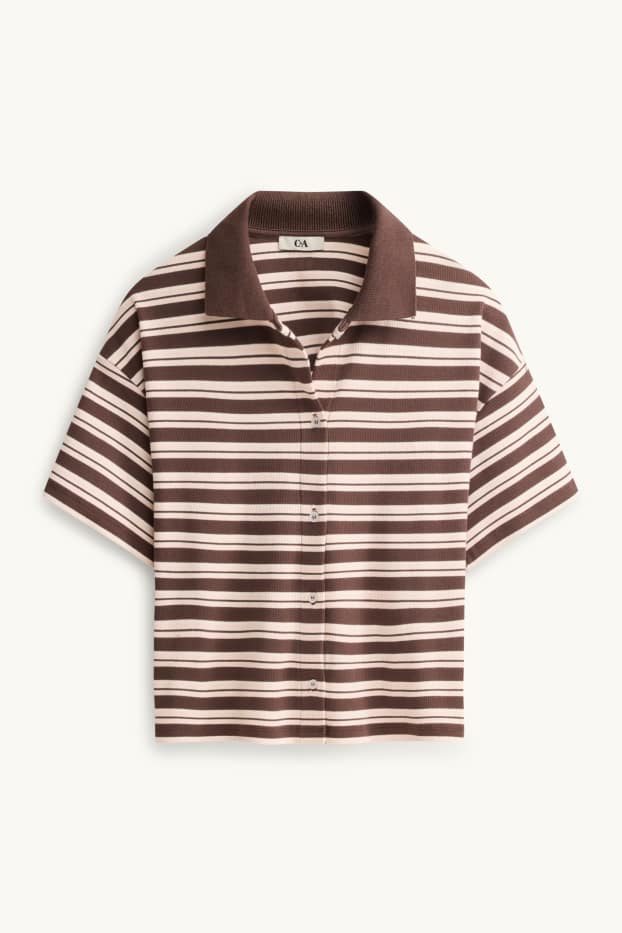Damen - Poloshirt - Slim Fit - gestreift - gerippt - braun / cremeweiß