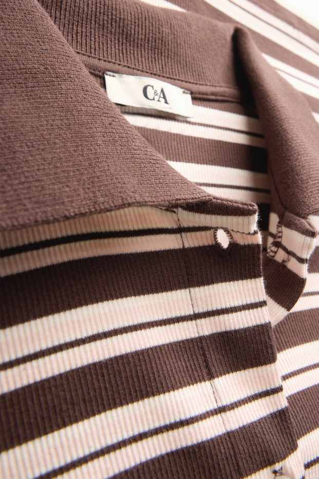 Damen - Poloshirt - Slim Fit - gestreift - gerippt - braun / cremeweiß