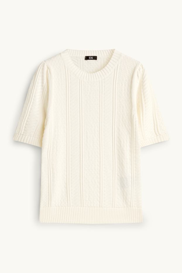 Damen - Strickpullover - kurzarm - Zopfmuster - cremeweiß