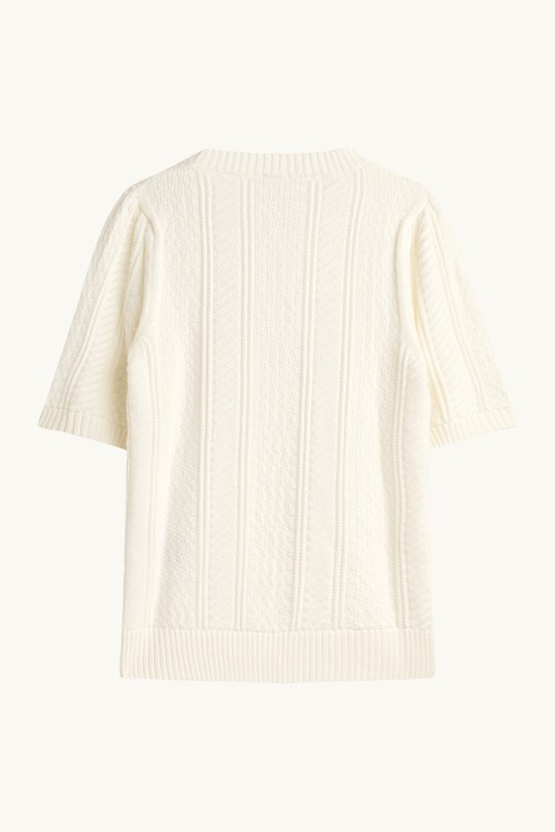 Damen - Strickpullover - kurzarm - Zopfmuster - cremeweiß