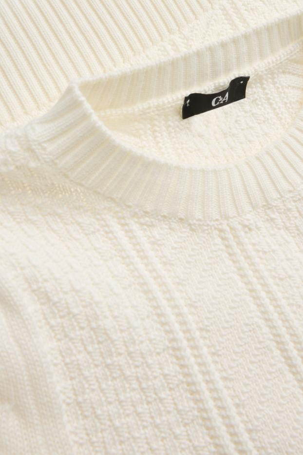 Damen - Strickpullover - kurzarm - Zopfmuster - cremeweiß