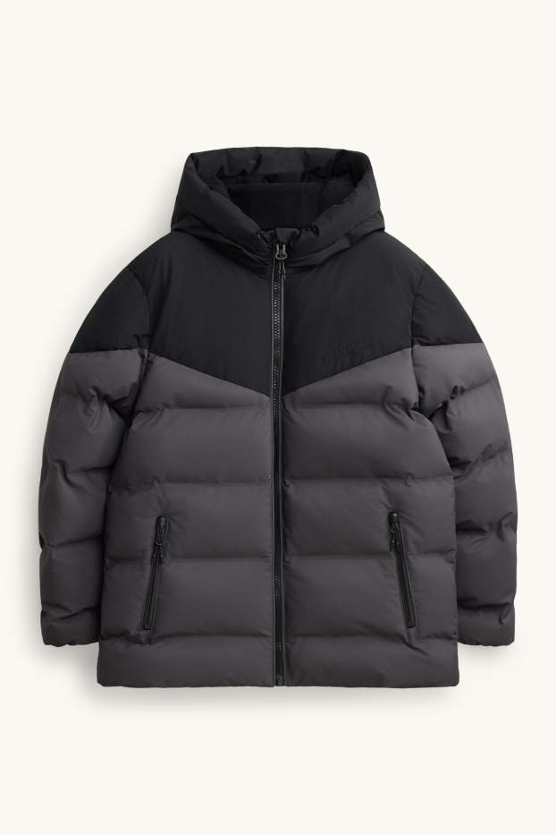 Kinder Buben - Steppjacke mit Kapuze - gefüttert - wasserabweisend - schwarz / dunkelgrau