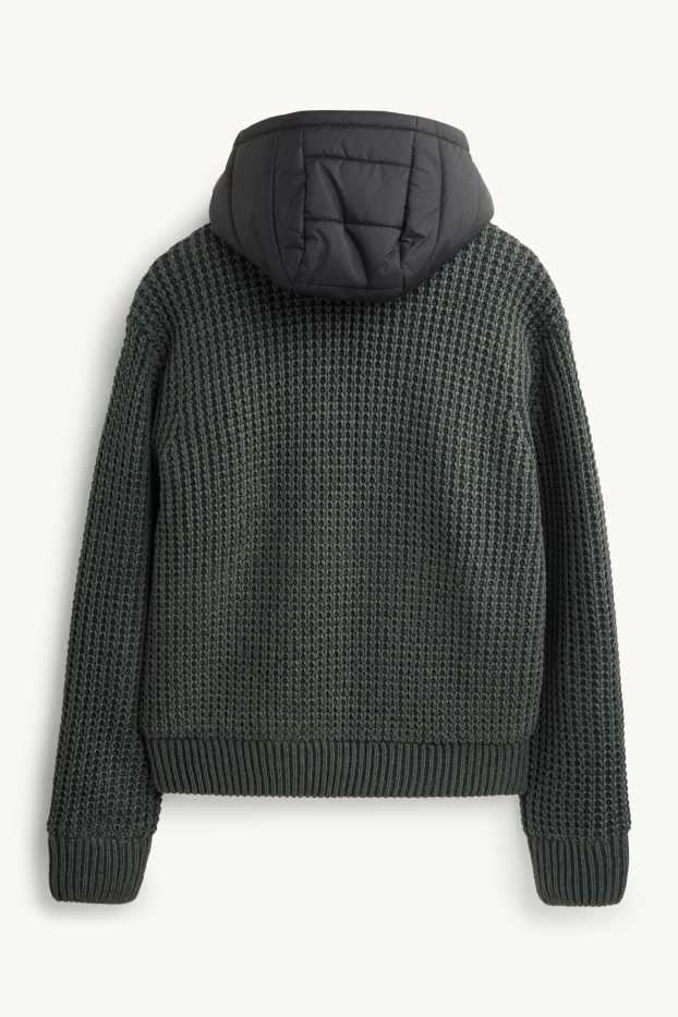Hommes - Gilet en maille à capuche - vert foncé / noir