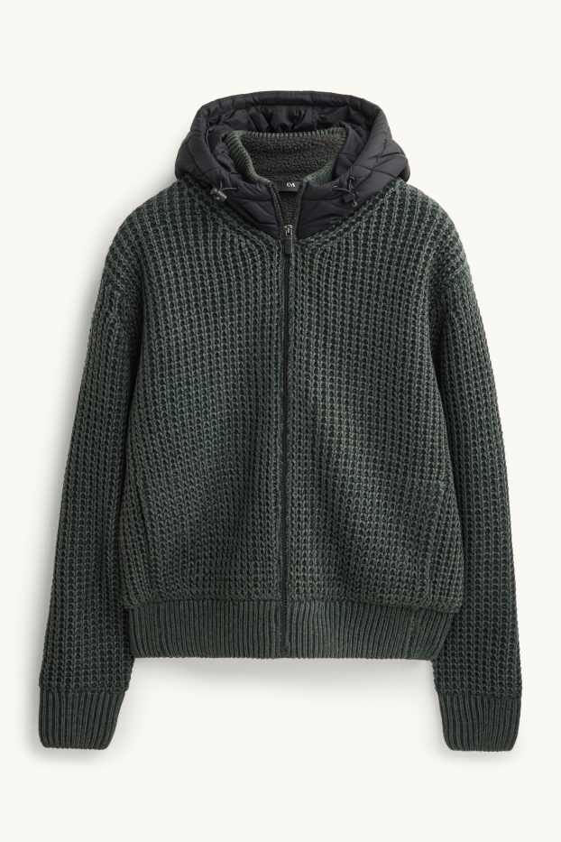 Hommes - Gilet en maille à capuche - vert foncé / noir