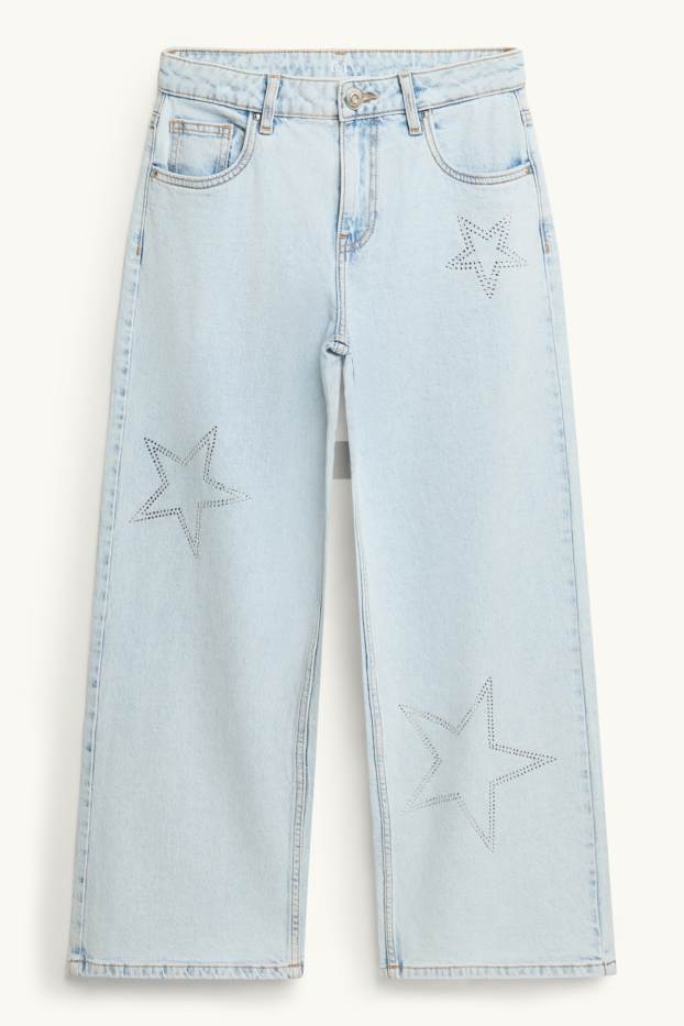 Copii - Fete - Stea - wide leg jeans cu ștrasuri - denim-albastru deschis