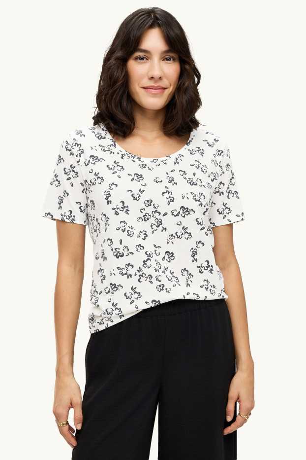 Donna - T-shirt - slim fit - a fiori - bianco / nero