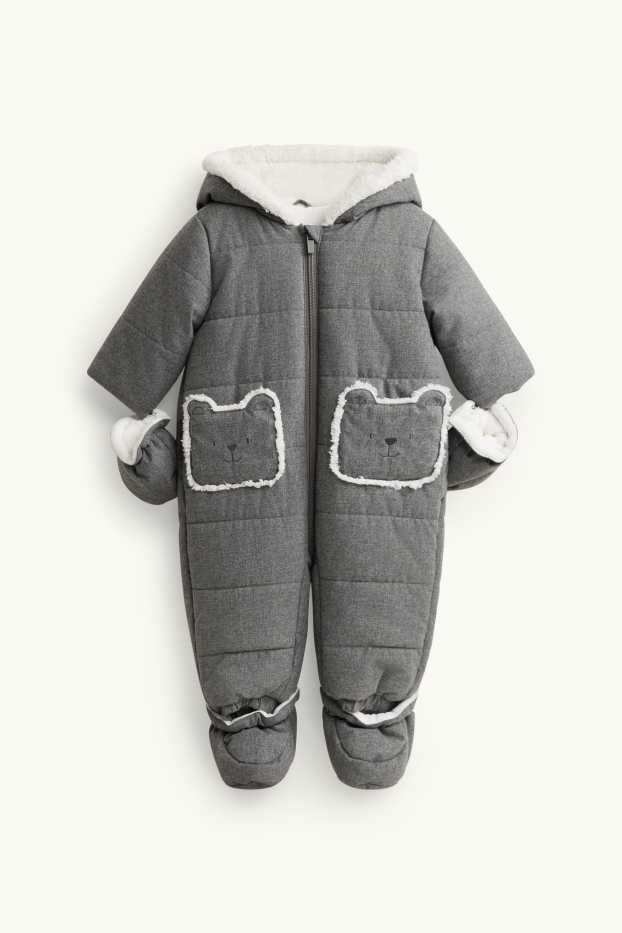 Baby: jongens - Teddybeertje - babysneeuwpak met capuchon - grijs