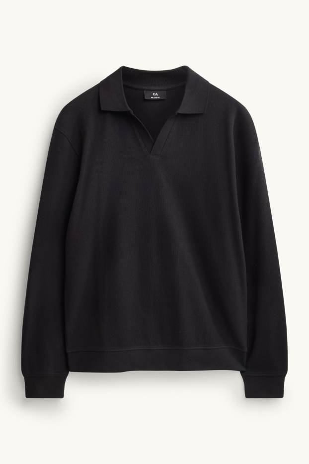 Herren - Langarm-Poloshirt - Relaxed Fit - gerippt - schwarz