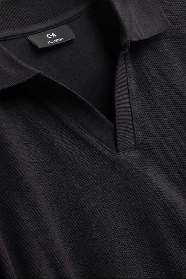 Herren - Langarm-Poloshirt - Relaxed Fit - gerippt - schwarz