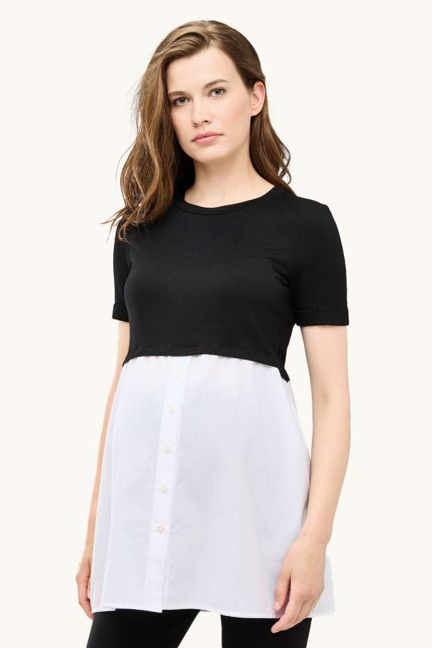 Dona - Samarreta de mànigues curtes de maternitat - look 2 en 1 - blanc/negre