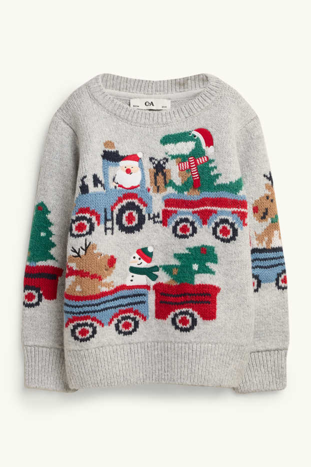 Kinder Jungen - Santa und Dino - Weihnachtspullover - hellgrau-melange