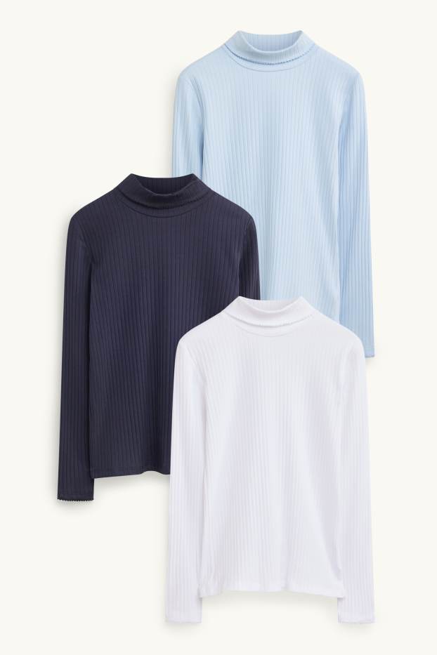 Kinder Mädchen - Multipack 3er - Rollkragenshirt - gerippt - blau / dunkelblau