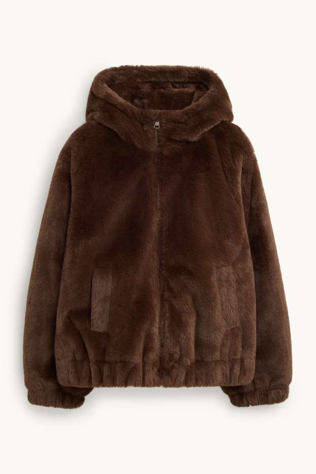 Enfants filles - Veste en imitation fourrure à capuche - marron