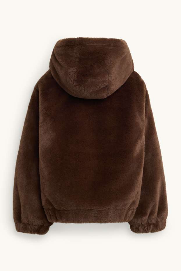 Enfants filles - Veste en imitation fourrure à capuche - marron