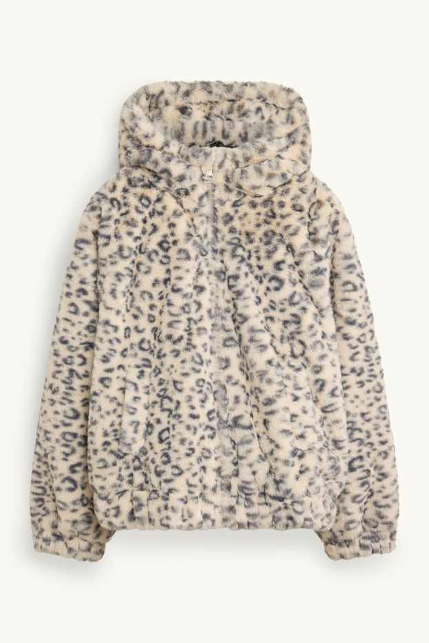 Kinder Mädchen - Kunstfell-Jacke mit Kapuze - gemustert - schwarz / beige