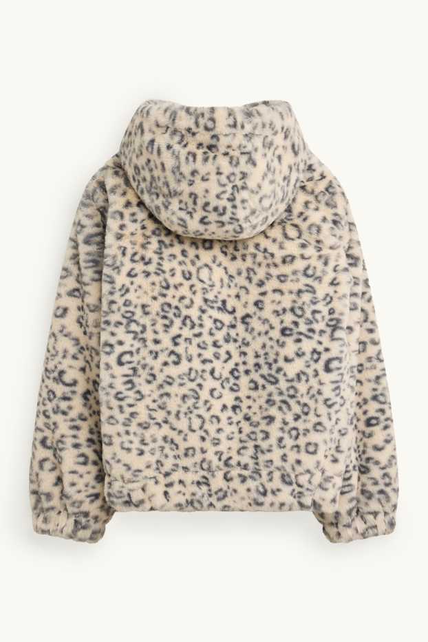 Kinder Mädchen - Kunstfell-Jacke mit Kapuze - gemustert - schwarz / beige