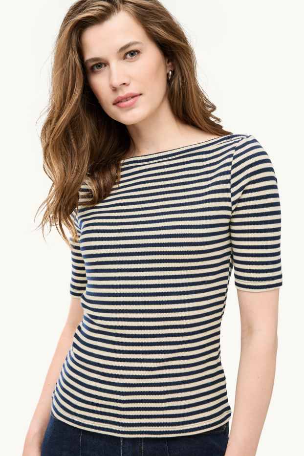 Femmes - T-shirt - regular fit - à rayures - finition texturée - blanc / noir