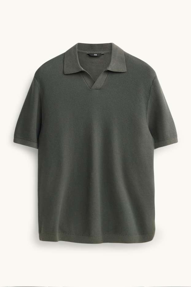 Heren - Gebreid poloshirt - regular fit - met structuur - donkergroen
