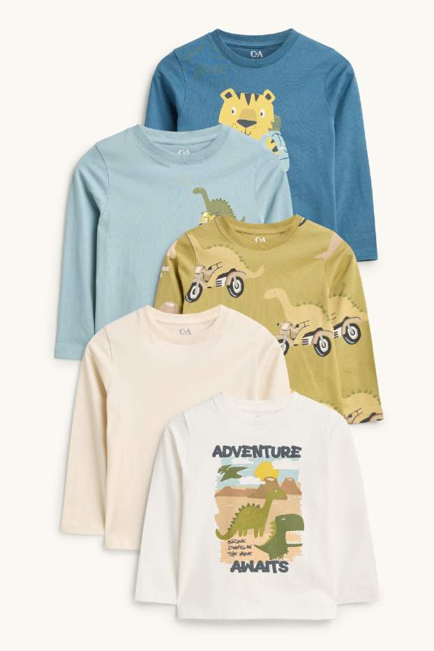 Enfants garçons - Lot de 5 - dinosaure, moto et tigre - haut à manches longues - blanc / bleu
