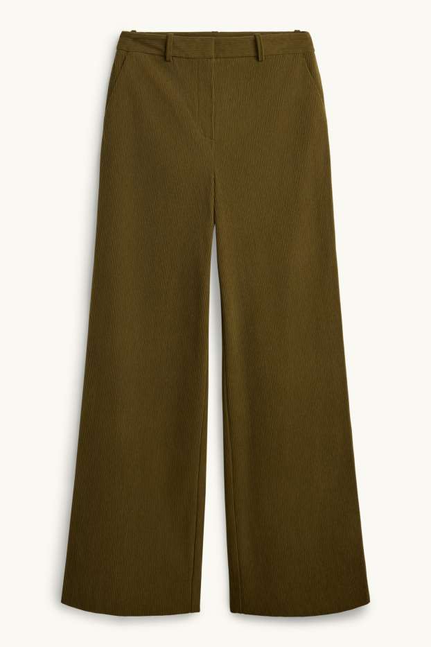 Femei - Pantaloni din catifea reiată - talie înaltă - wide leg - verde închis