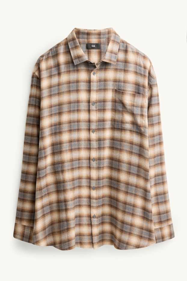 Uomo - Camicia - regular fit - collo all'italiana - a quadretti - beige / marrone