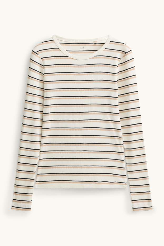 Femmes - Haut à manches longues - slim fit - finition côtelée - à rayures - crème