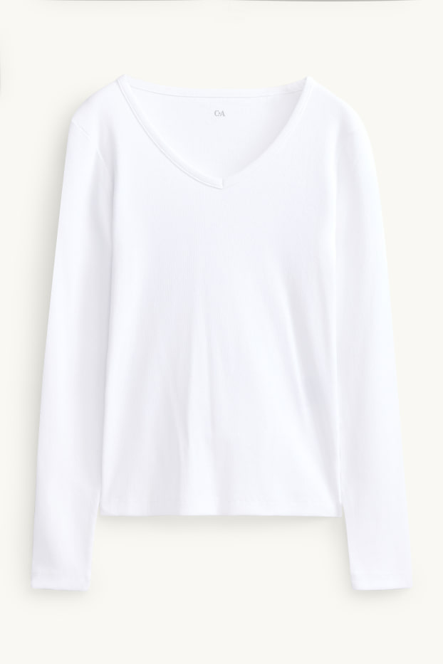 Femmes - Haut à manches longues avec encolure en V - slim fit - blanc