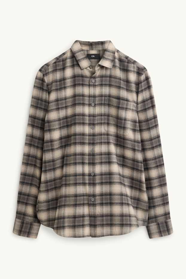 Pánské - Košile - regular fit - kent - kostkovaná - šedá/hnědá