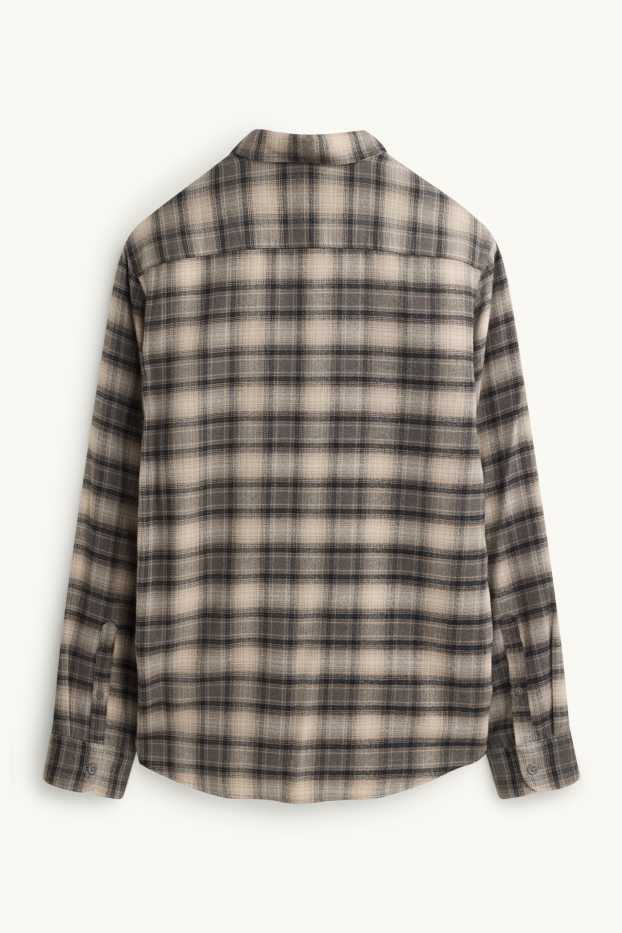 Pánské - Košile - regular fit - kent - kostkovaná - šedá/hnědá
