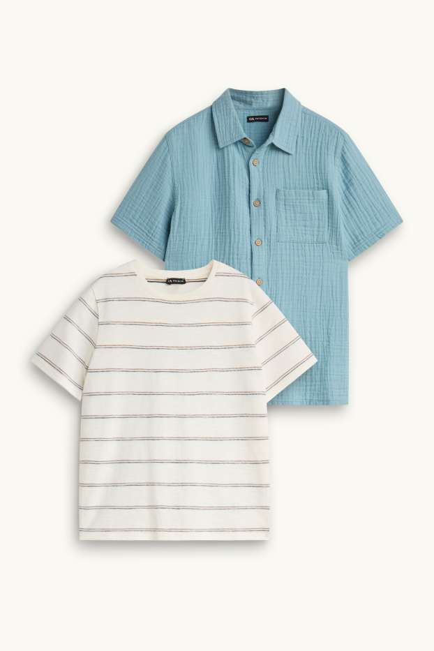 Enfants garçons - Ensemble - chemise et T-shirt - 2 pièces - bleu / blanc