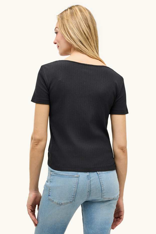 Femei - Tricou cu decolteu în V - reiat - negru