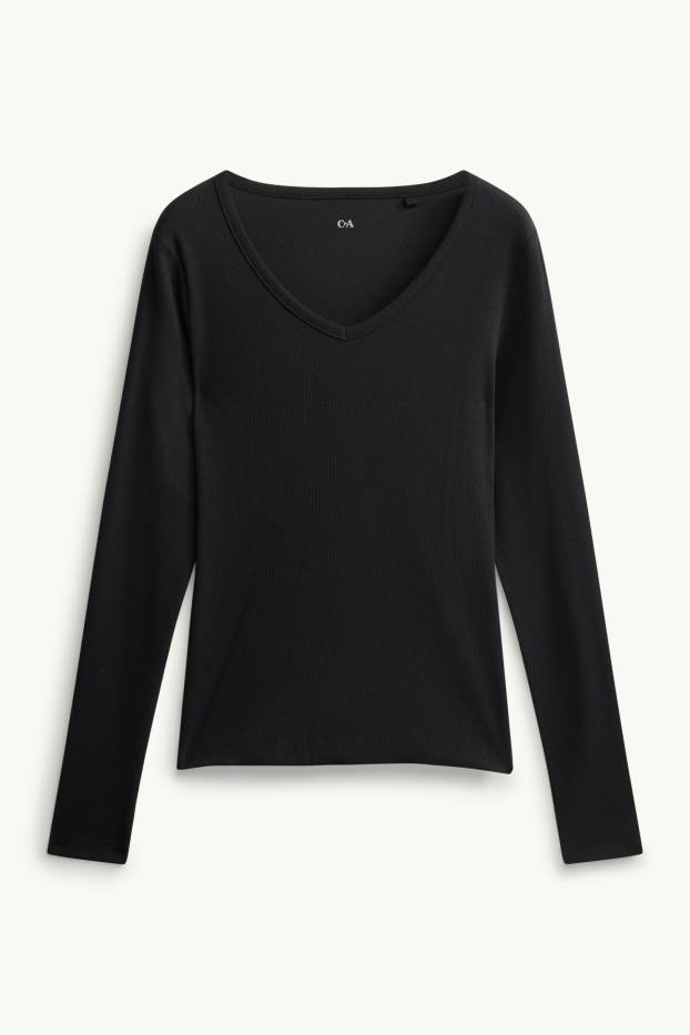 Donna - Maglia a maniche lunghe con scollo a V - slim fit - nero