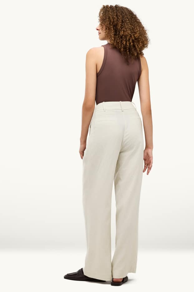Dames - Business-broek - high waist - wide leg - linnenmix - crème wit