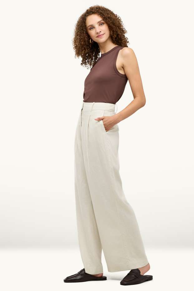 Dames - Business-broek - high waist - wide leg - linnenmix - crème wit