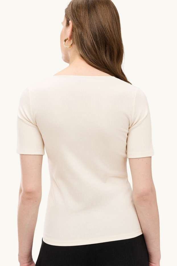Damen - T-Shirt mit V-Ausschnitt - Regular Fit - gerippt - cremeweiß